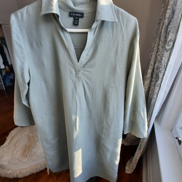 Tribal linen and cotton tunic/dress, knee length, soft sage green - Picture 3 of 5